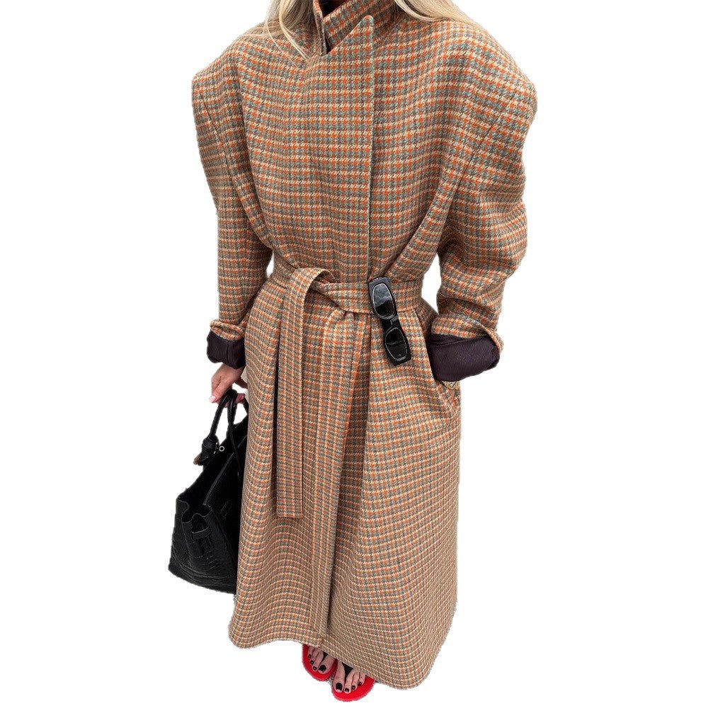 Ladies Oversize Wool Coat with Houndstooth Pattern and Waist Belt Chichicherry - Chichicherry