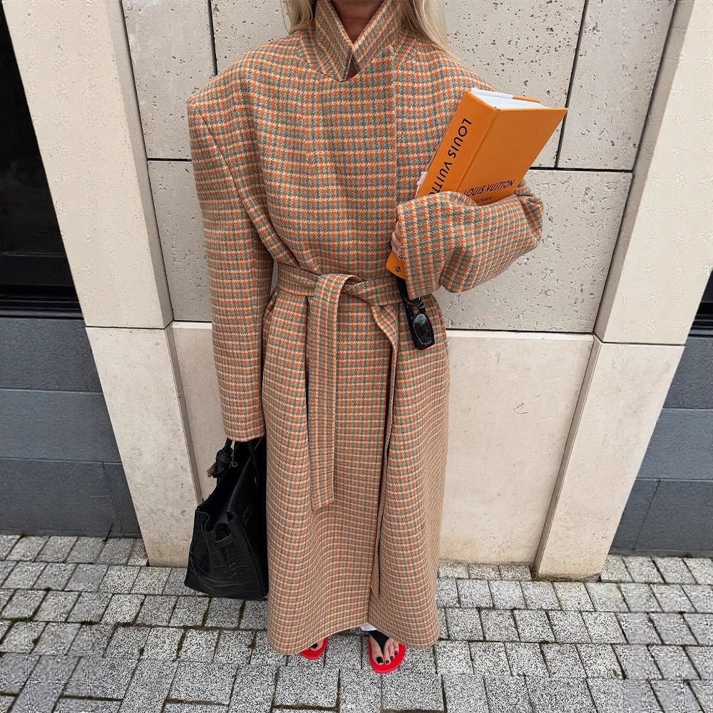 Ladies Oversize Wool Coat with Houndstooth Pattern and Waist Belt Chichicherry - Chichicherry