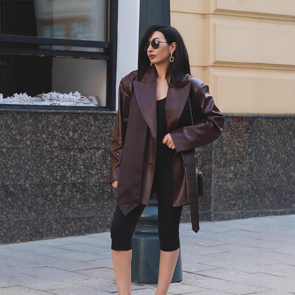 Ladies Oversized Blazer Coat in Crocodile Embossing with Shawl Collar and Tie Belt Chichicherry - Chichicherry