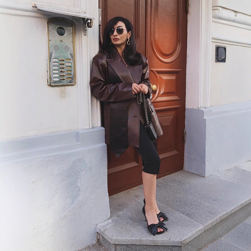 Ladies Oversized Blazer Coat in Crocodile Embossing with Shawl Collar and Tie Belt Chichicherry - Chichicherry
