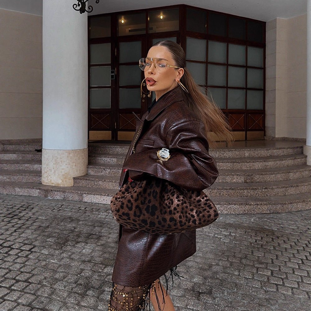 Ladies Oversized Blazer Coat in Crocodile Embossing with Shawl Collar and Tie Belt Chichicherry - Chichicherry