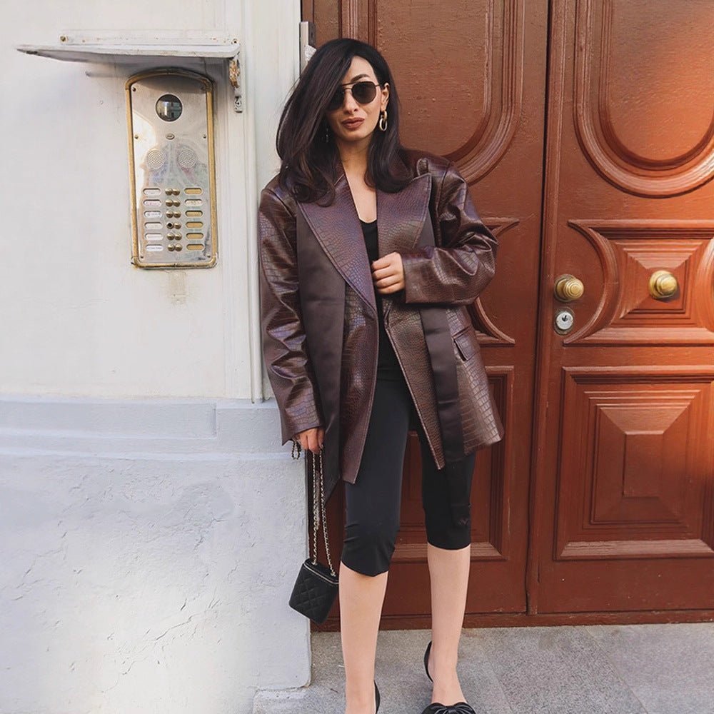 Ladies Oversized Blazer Coat in Crocodile Embossing with Shawl Collar and Tie Belt Chichicherry - Chichicherry