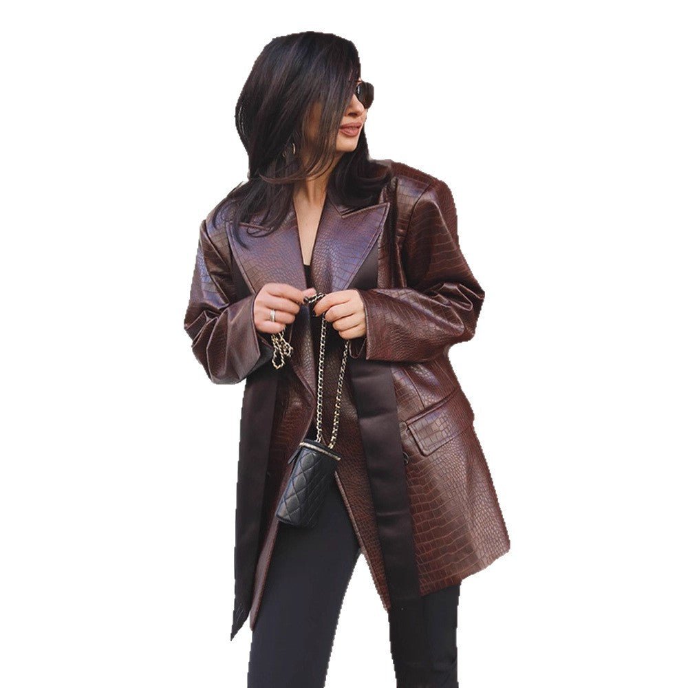 Ladies Oversized Blazer Coat in Crocodile Embossing with Shawl Collar and Tie Belt Chichicherry - Chichicherry