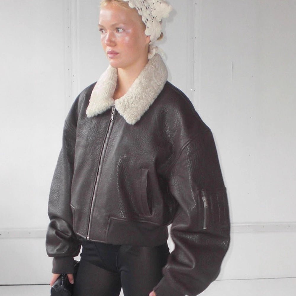 Ladies Oversized Pilot Jacket in Biker Bomber Style with Teddy Collar Chichicherry - Chichicherry