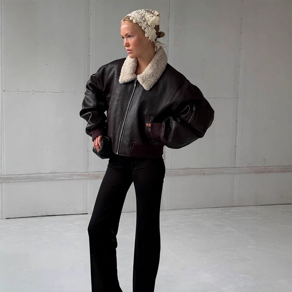 Ladies Oversized Pilot Jacket in Biker Bomber Style with Teddy Collar Chichicherry - Chichicherry