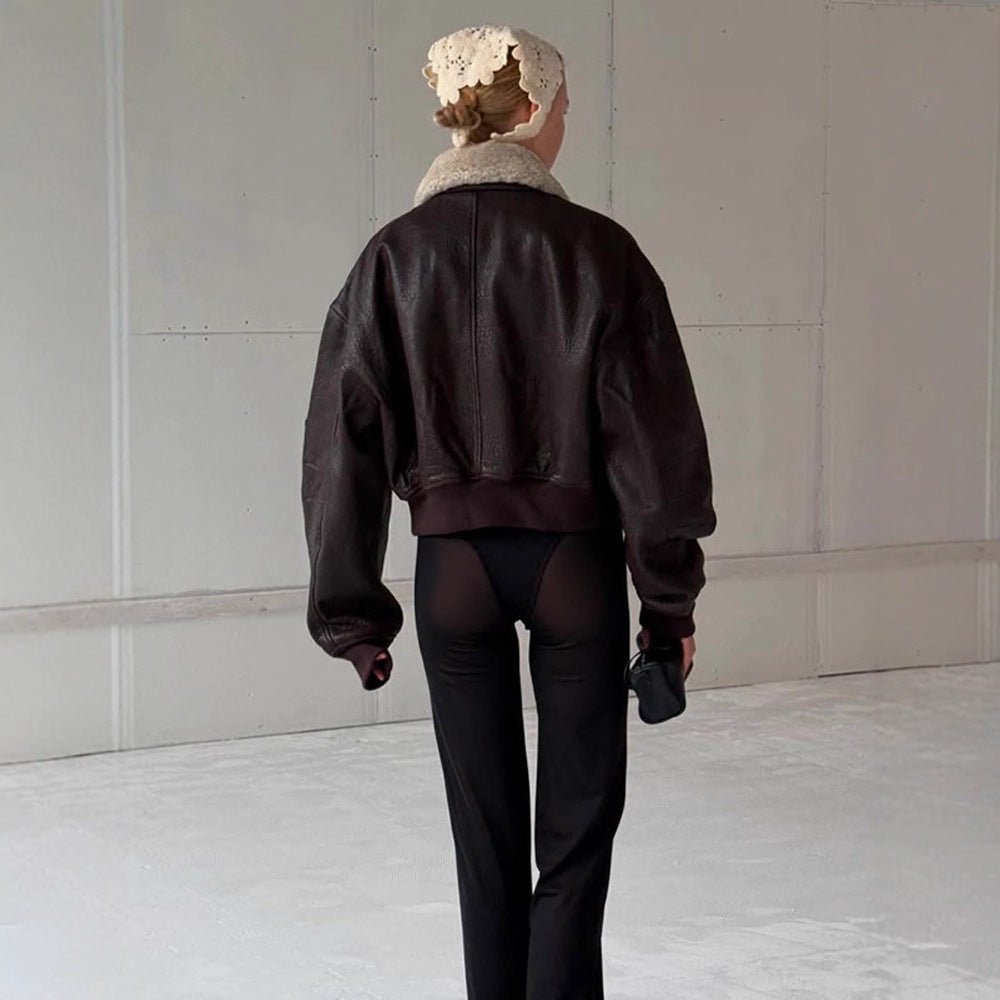 Ladies Oversized Pilot Jacket in Biker Bomber Style with Teddy Collar Chichicherry - Chichicherry