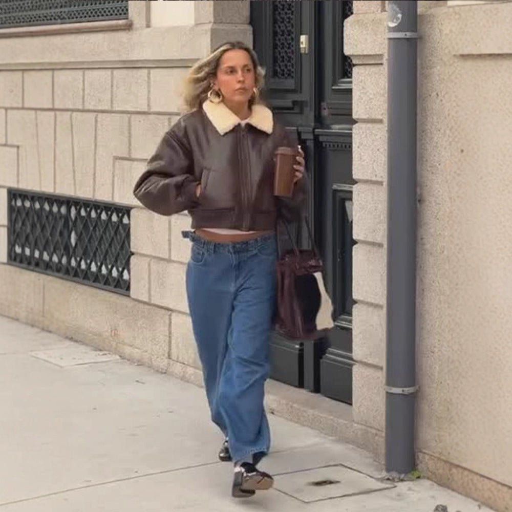 Ladies Oversized Pilot Jacket in Biker Bomber Style with Teddy Collar Chichicherry - Chichicherry