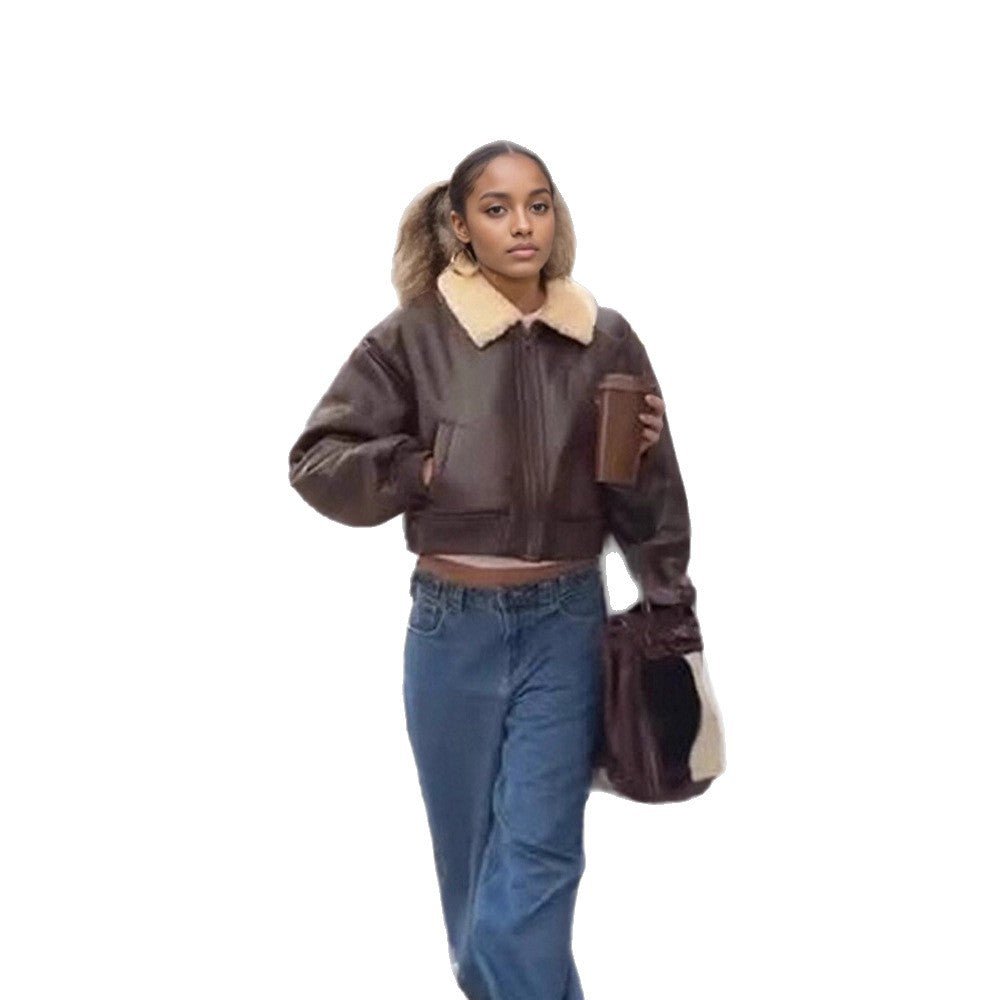 Ladies Oversized Pilot Jacket in Biker Bomber Style with Teddy Collar Chichicherry - Chichicherry