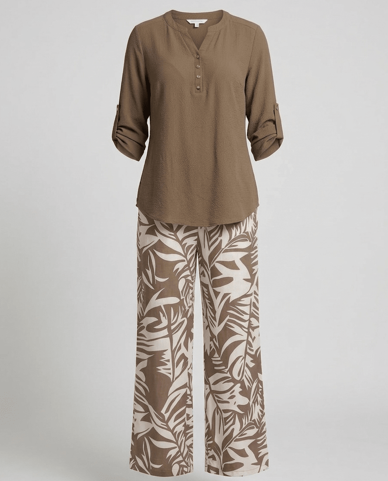 Ladies Palazzo Set Leaf Print Viscose Blouse - Chichicherry