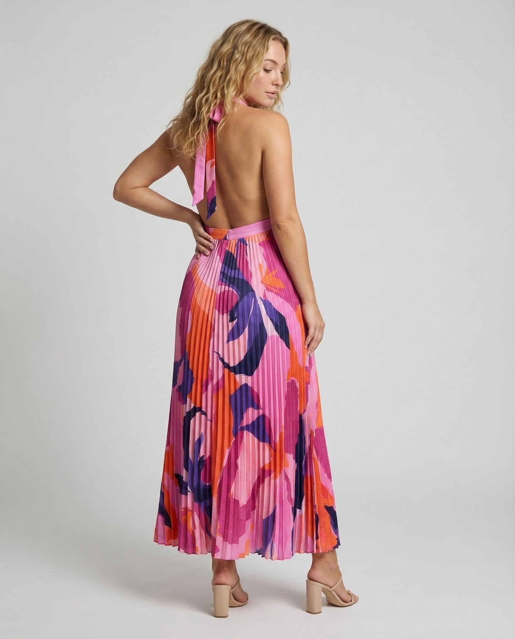Ladies Pleated Maxi Dress High Neck - Chichicherry