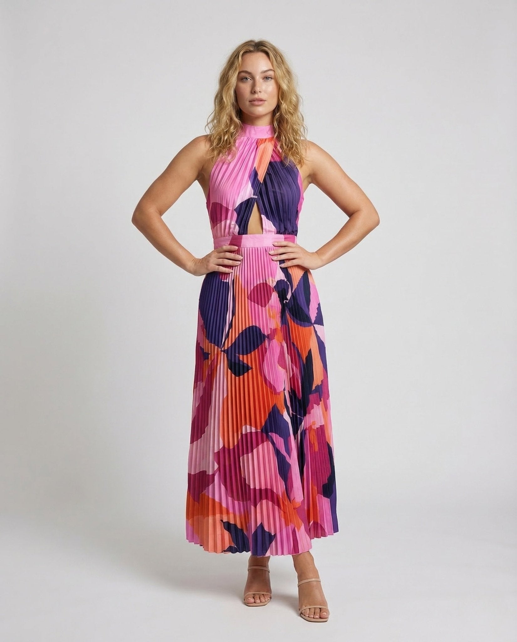 Ladies Pleated Maxi Dress High Neck - Chichicherry