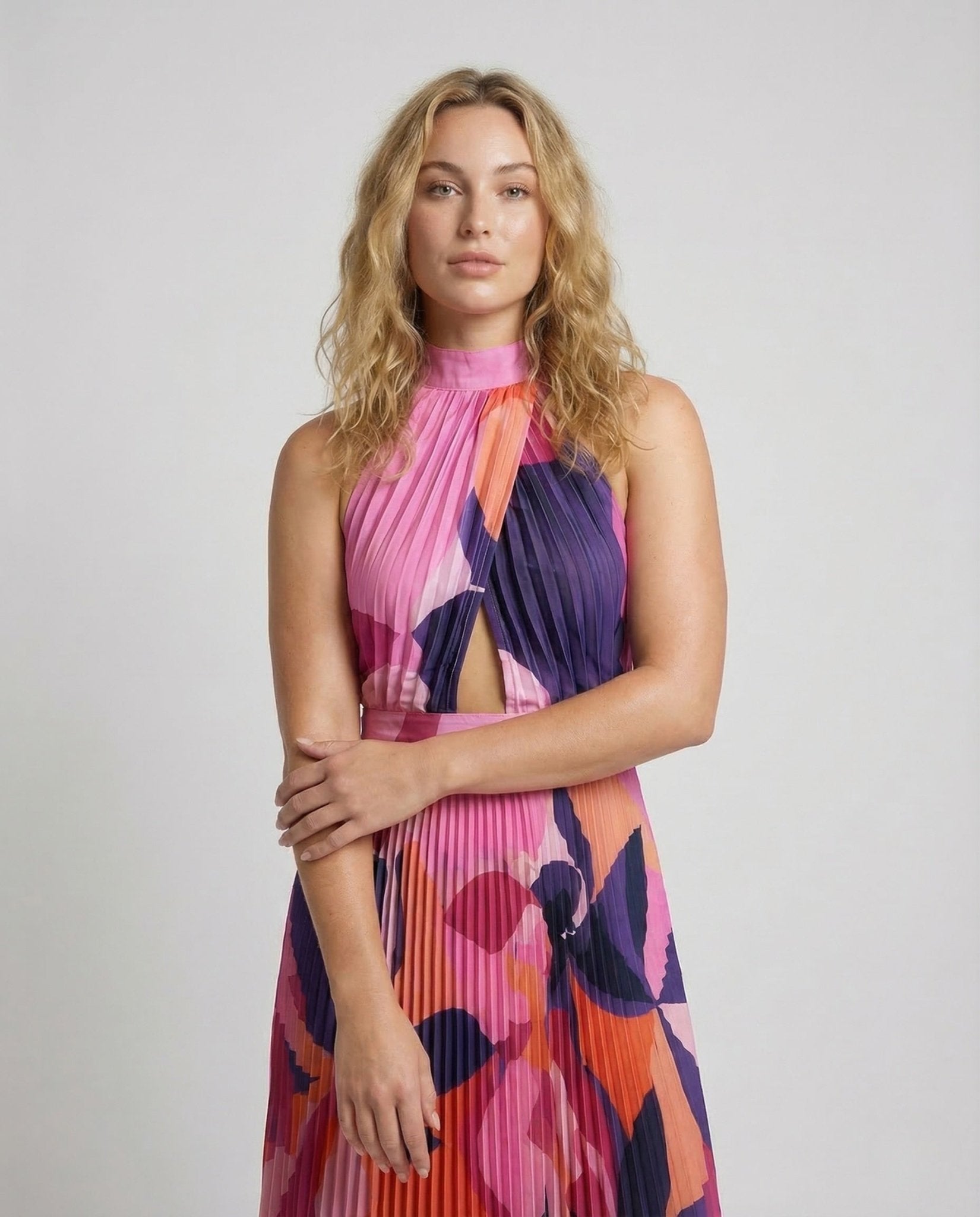 Ladies Pleated Maxi Dress High Neck - Chichicherry