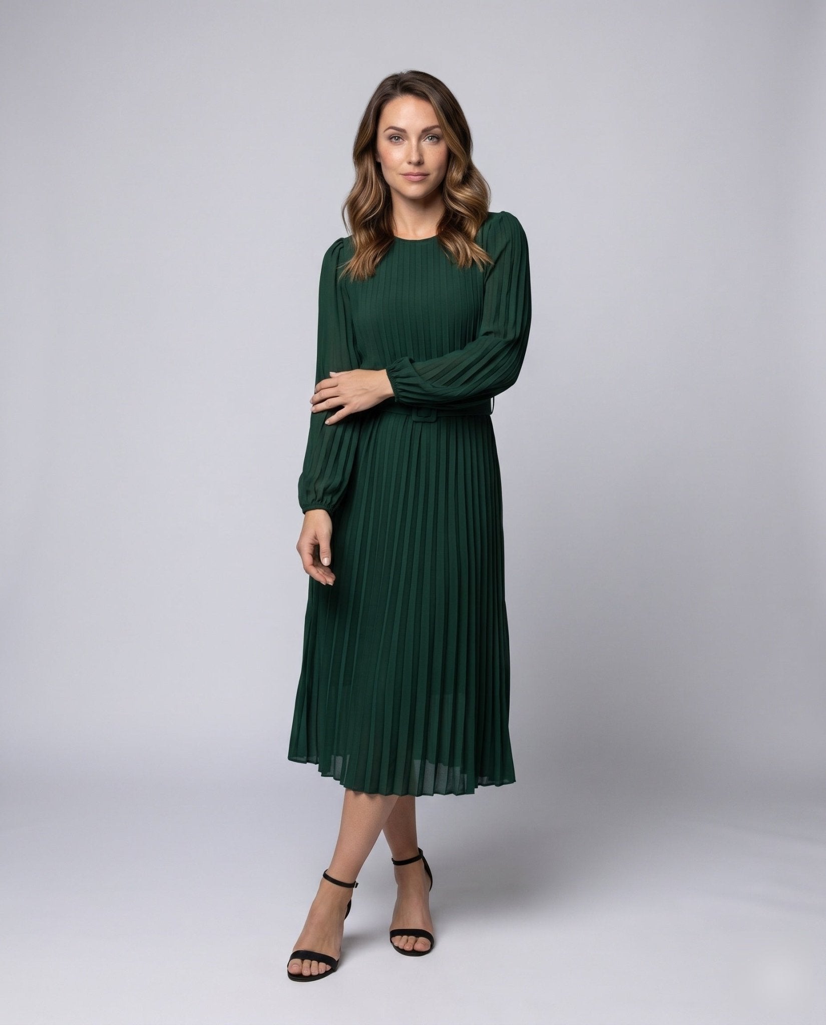 Ladies Pleated Maxi Dress with Elegant Waist Belt and Puff Sleeves - Chichicherry
