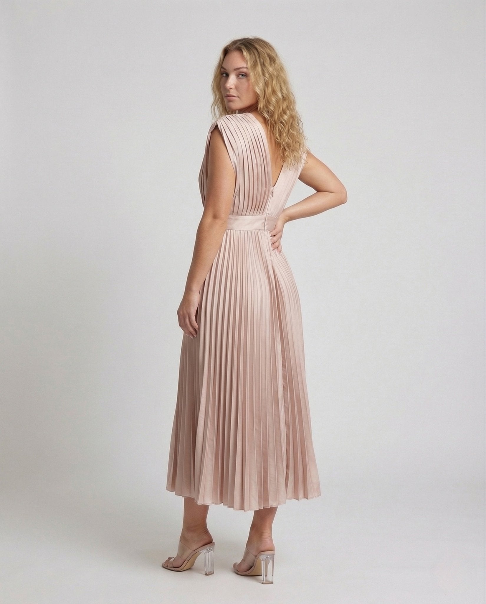 Ladies Pleated Midi Dress with V-Neck - Chichicherry