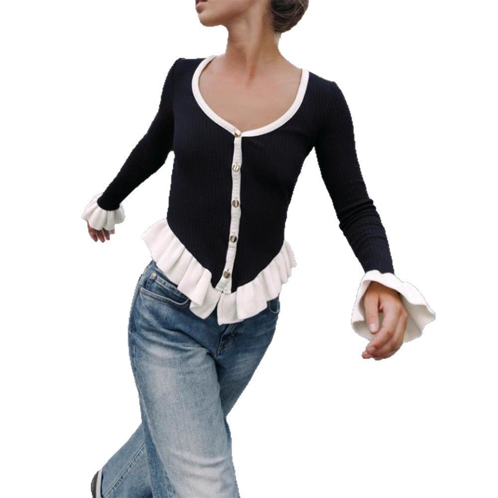 Ladies Ribbed Cardigan with Flounce Hem, Decorative Buttons and Ruffled Cuffs Chichicherry - Chichicherry