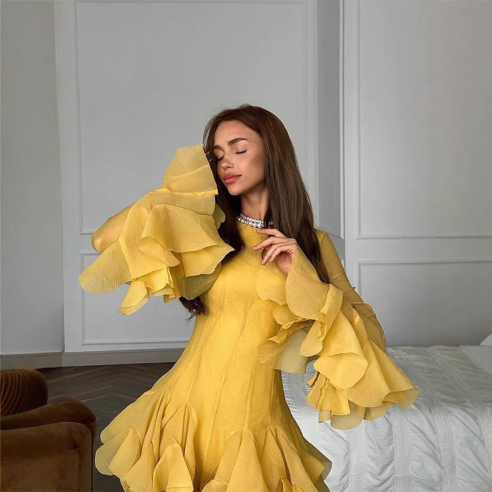 Ladies Ruffled Chiffon Mini Dress with Ruffles and Transparent Sleeves Chichicherry - Chichicherry