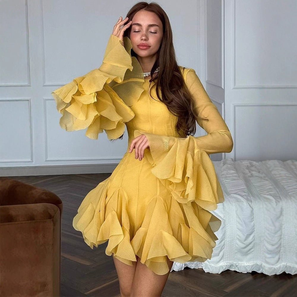 Ladies Ruffled Chiffon Mini Dress with Ruffles and Transparent Sleeves Chichicherry - Chichicherry