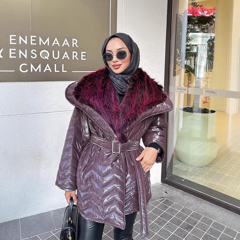 Ladies Shiny Padded Jacket with Waist Belt and Voluminous Faux Fur Collar Chichicherry - Chichicherry