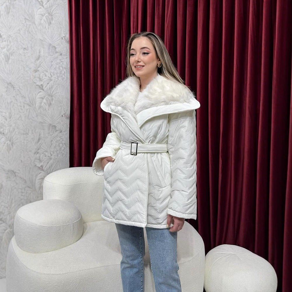 Ladies Shiny Padded Jacket with Waist Belt and Voluminous Faux Fur Collar Chichicherry - Chichicherry