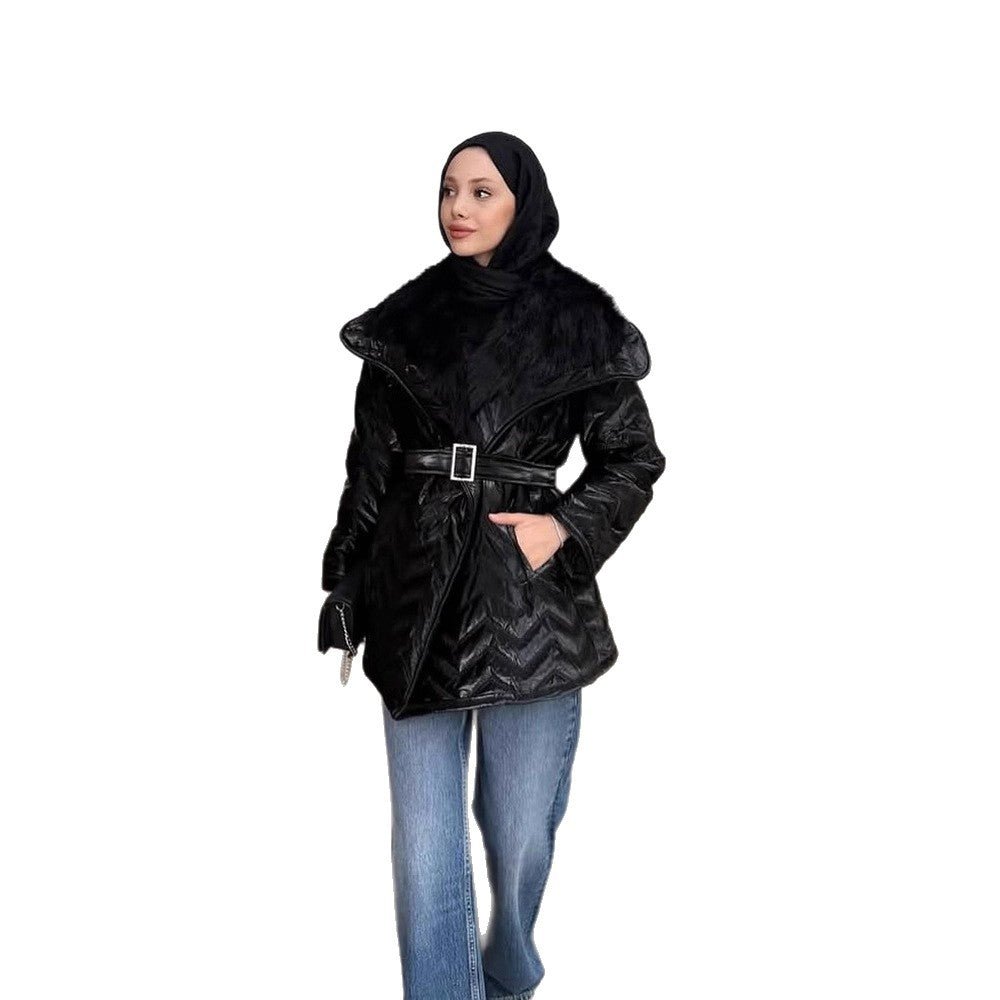 Ladies Shiny Padded Jacket with Waist Belt and Voluminous Faux Fur Collar Chichicherry - Chichicherry
