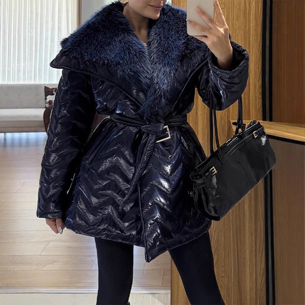 Ladies Shiny Padded Jacket with Waist Belt and Voluminous Faux Fur Collar Chichicherry - Chichicherry