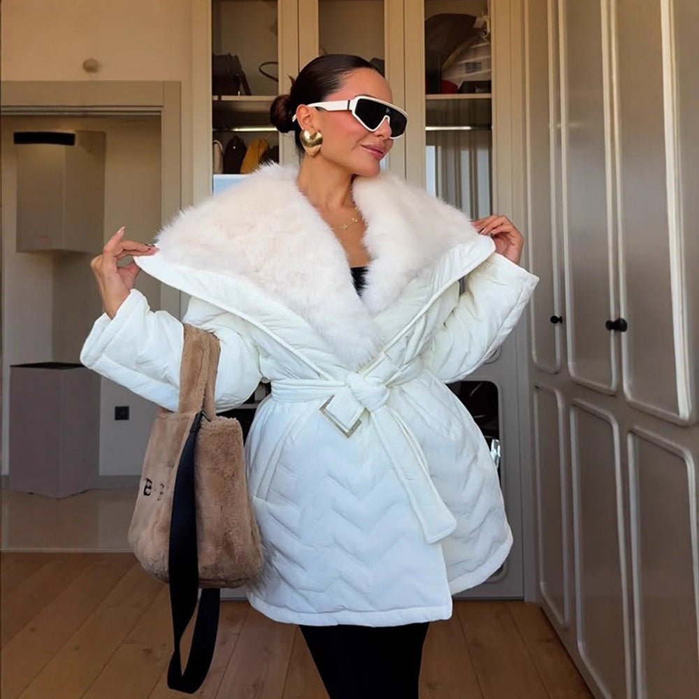 Ladies Shiny Padded Jacket with Waist Belt and Voluminous Faux Fur Collar Chichicherry - Chichicherry