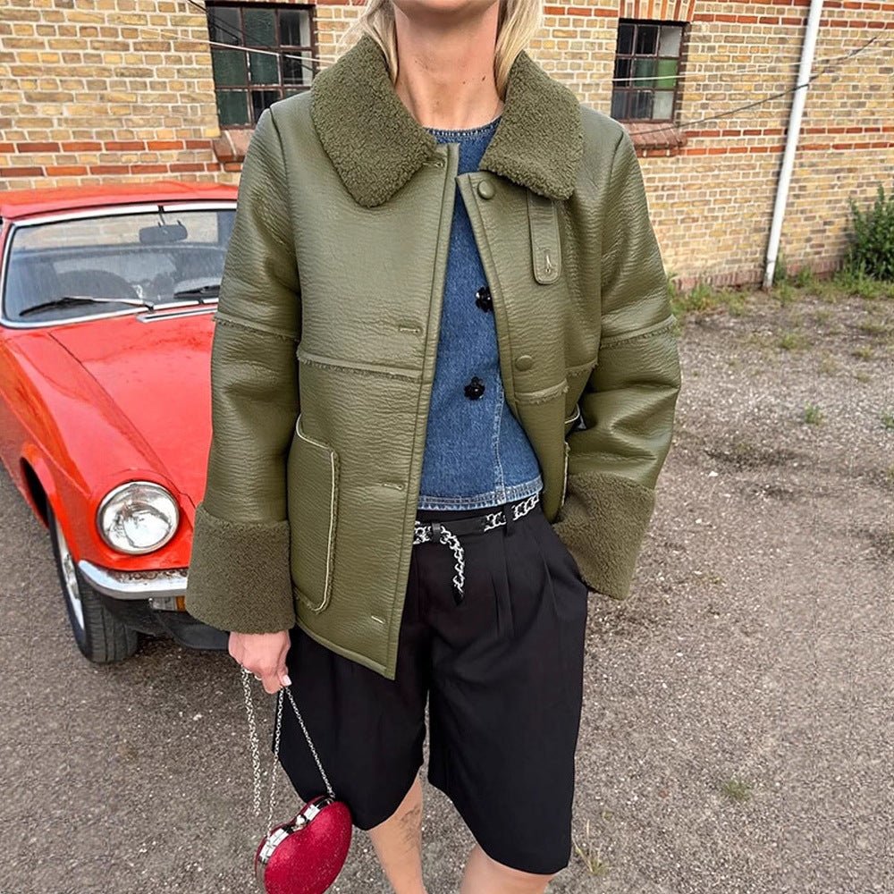 Ladies Short Aviator-Style Bomber Jacket with Teddy Lining and Boxy Silhouette Chichicherry - Chichicherry