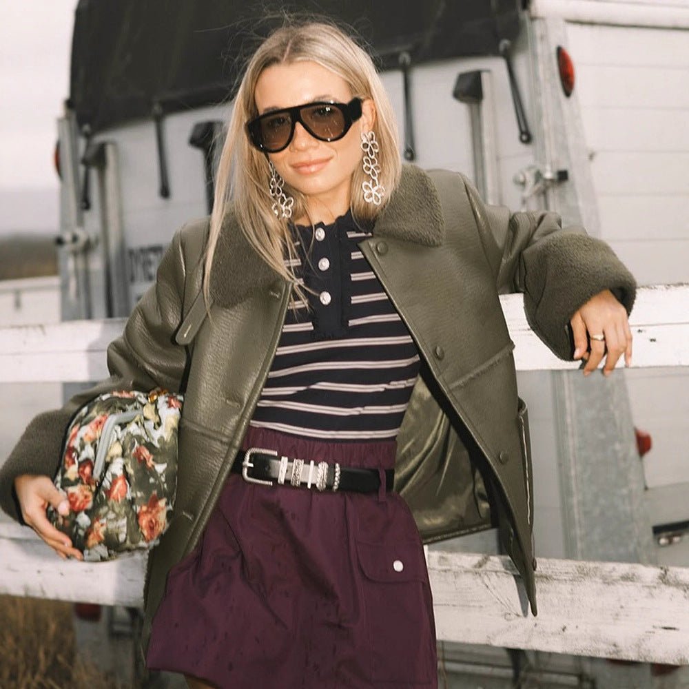 Ladies Short Aviator-Style Bomber Jacket with Teddy Lining and Boxy Silhouette Chichicherry - Chichicherry