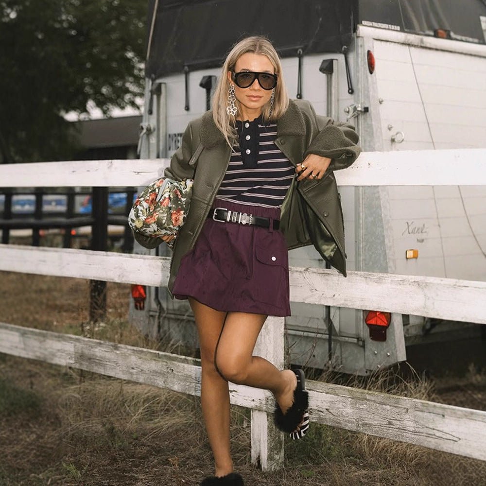 Ladies Short Aviator-Style Bomber Jacket with Teddy Lining and Boxy Silhouette Chichicherry - Chichicherry