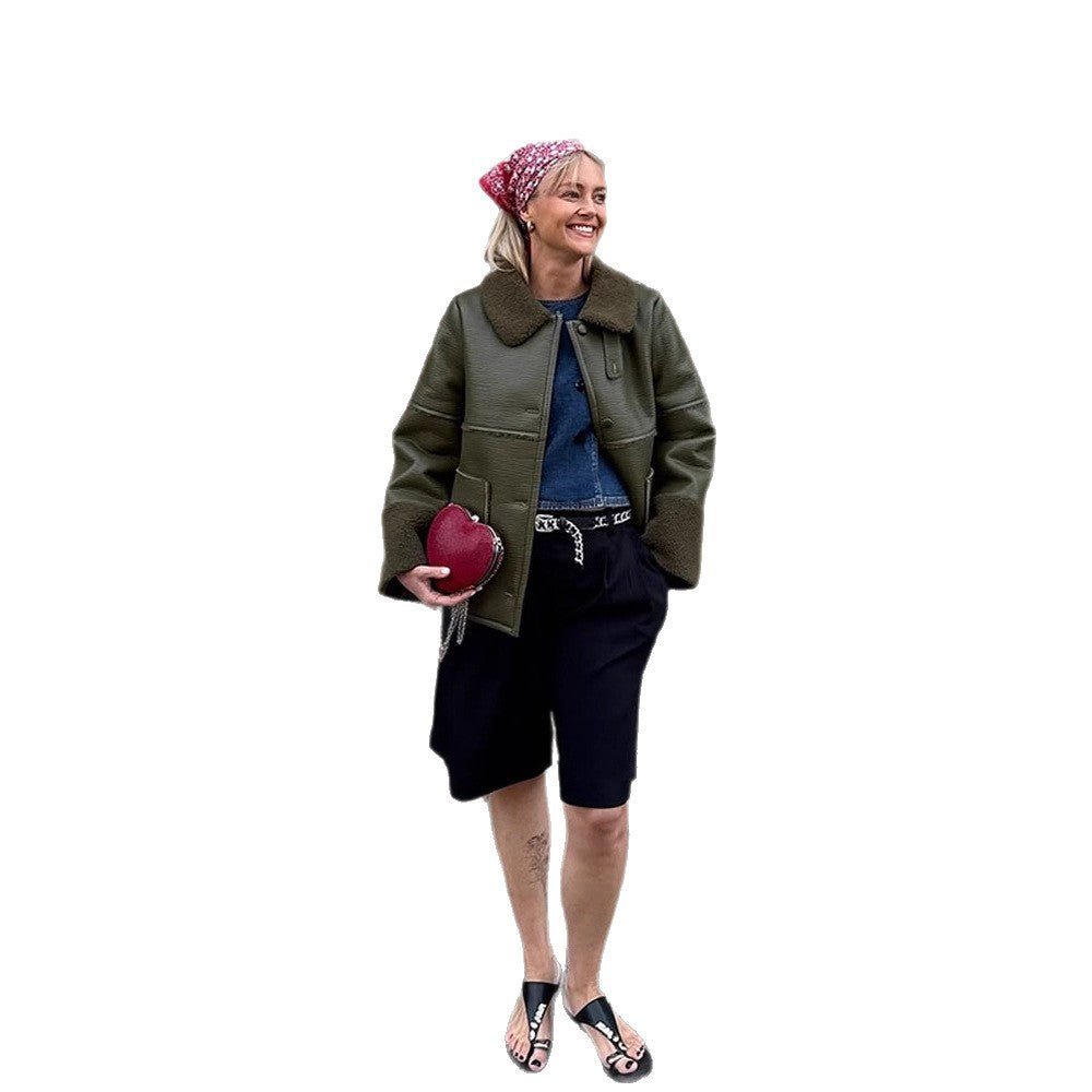 Ladies Short Aviator-Style Bomber Jacket with Teddy Lining and Boxy Silhouette Chichicherry - Chichicherry