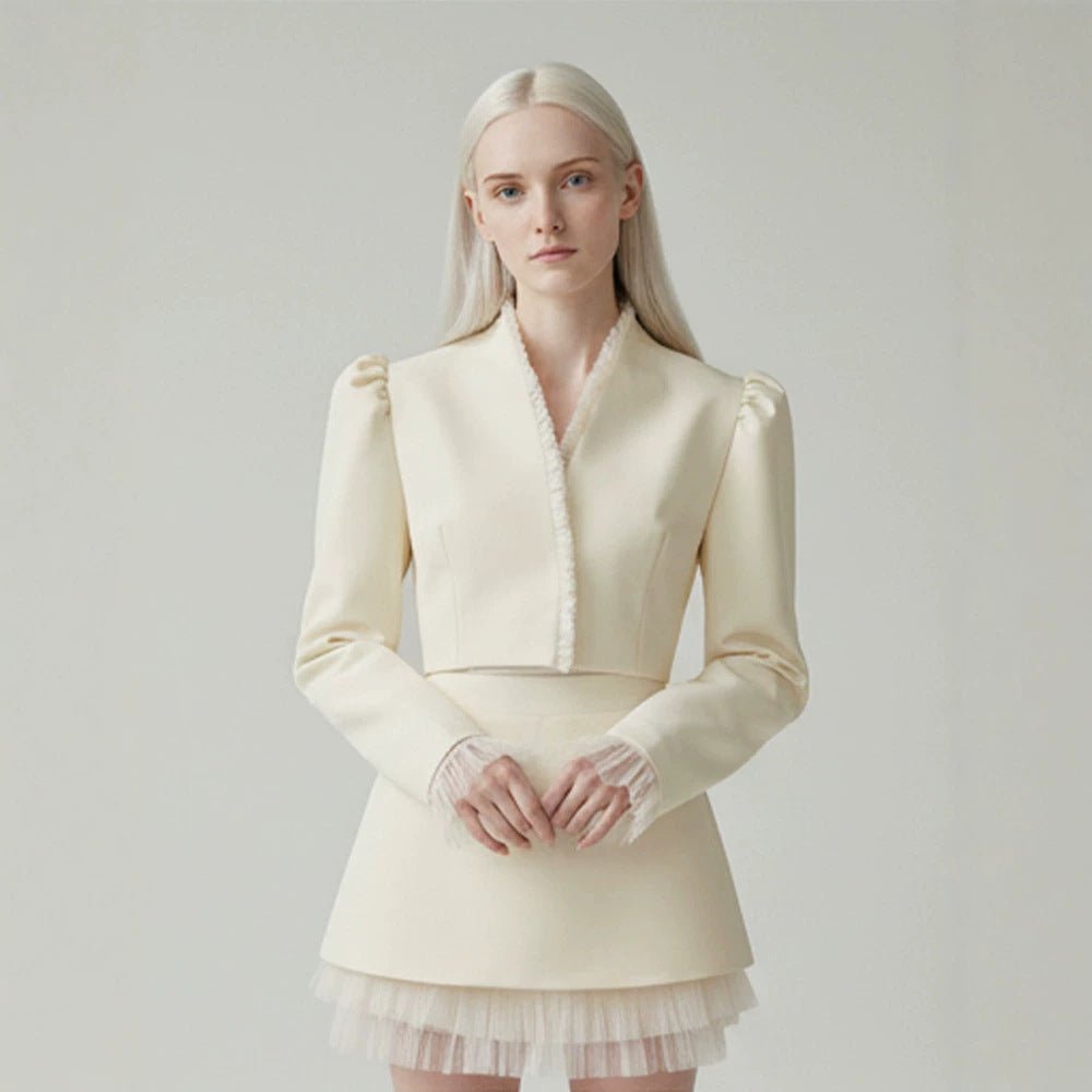 Ladies short blazer with tailored cropped silhouette, gathered shoulders and delicate tulle cuffs Chichicherry - Chichicherry