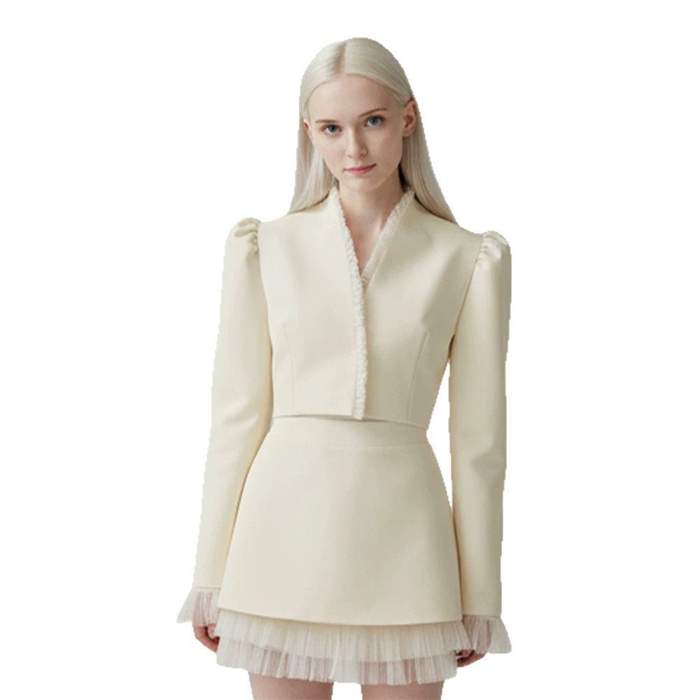 Ladies short blazer with tailored cropped silhouette, gathered shoulders and delicate tulle cuffs Chichicherry - Chichicherry
