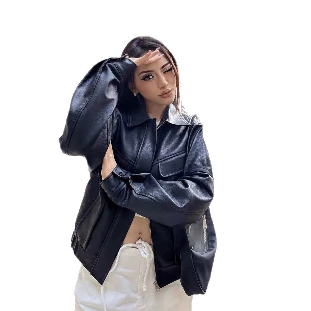 Ladies short-cut faux leather jacket in boxy cut with voluminous balloon sleeves Chichicherry - Chichicherry