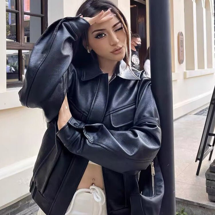 Ladies short-cut faux leather jacket in boxy cut with voluminous balloon sleeves Chichicherry - Chichicherry