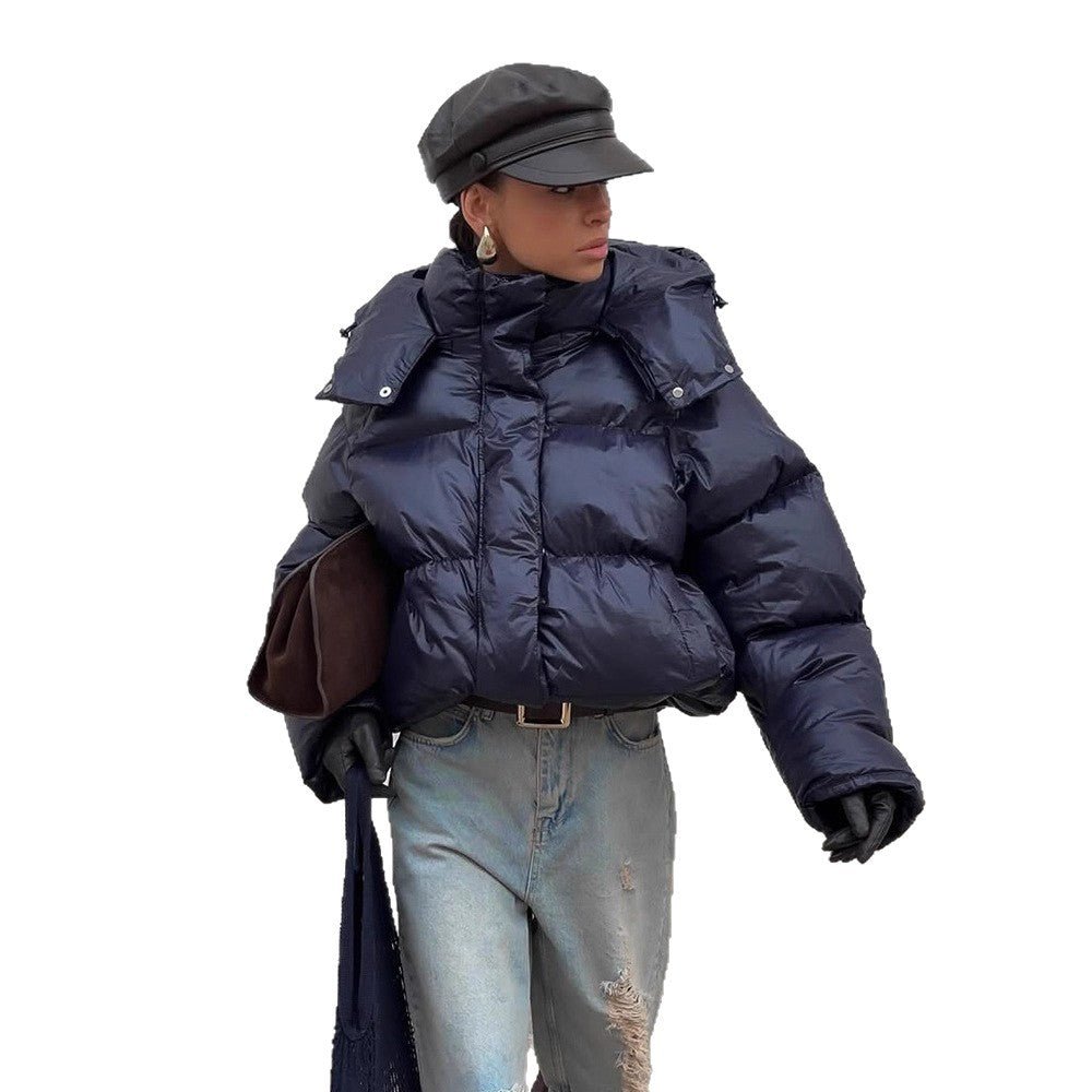 Ladies short cut glossy oversized quilted jacket with high collar Chichicherry - Chichicherry