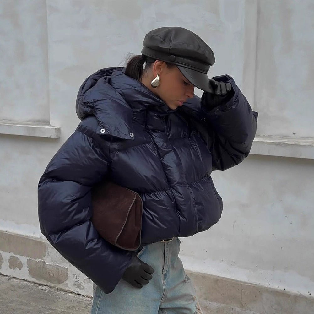 Ladies short cut glossy oversized quilted jacket with high collar Chichicherry - Chichicherry