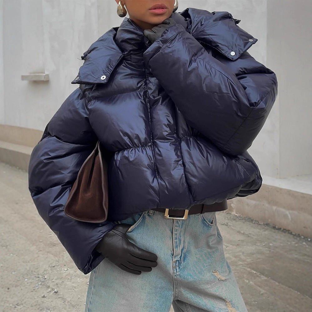 Ladies short cut glossy oversized quilted jacket with high collar Chichicherry - Chichicherry