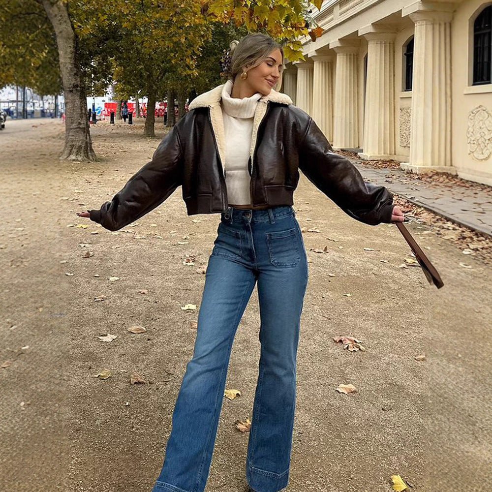Ladies short cut pilot jacket with teddy lining and oversized sleeves Chichicherry - Chichicherry
