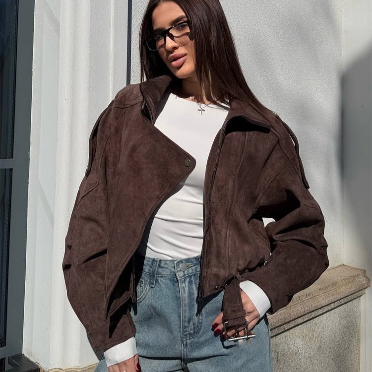 Ladies short-cut suede bomber jacket with belt & oversized sleeves Chichicherry - Chichicherry