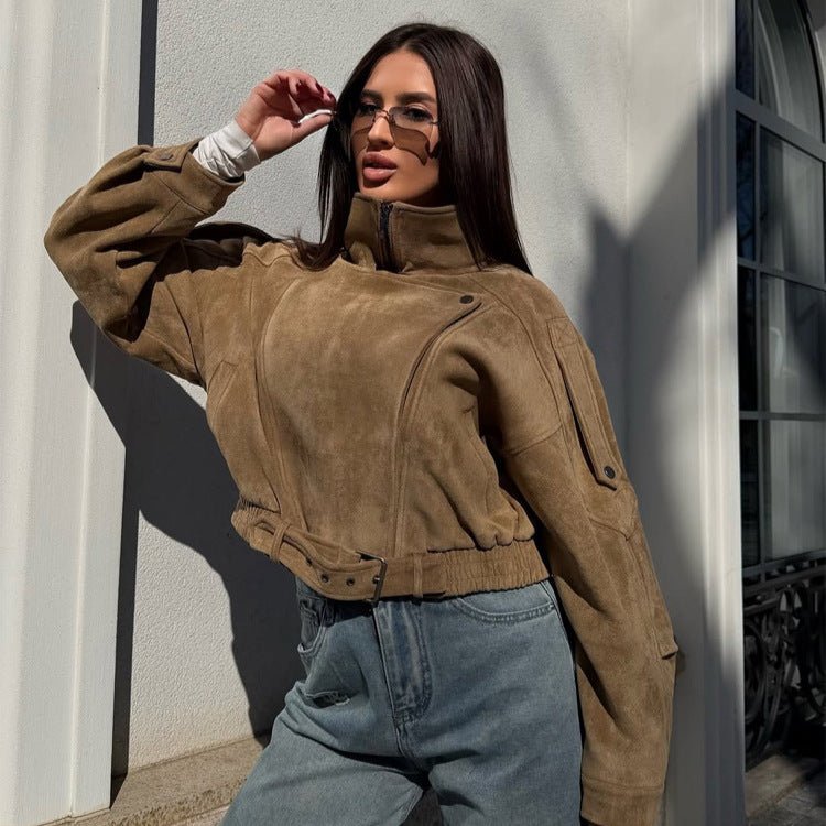 Ladies short-cut suede bomber jacket with belt & oversized sleeves Chichicherry - Chichicherry