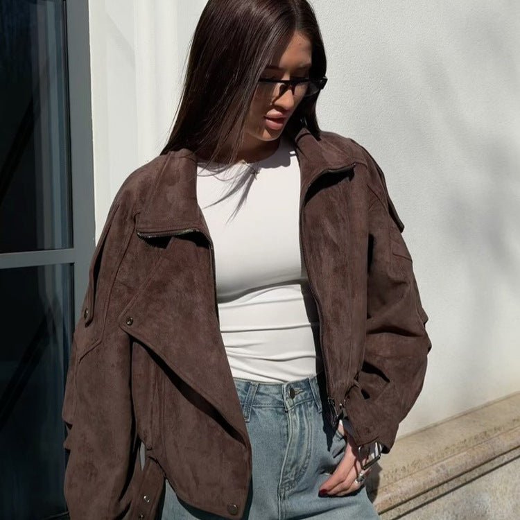 Ladies short-cut suede bomber jacket with belt & oversized sleeves Chichicherry - Chichicherry