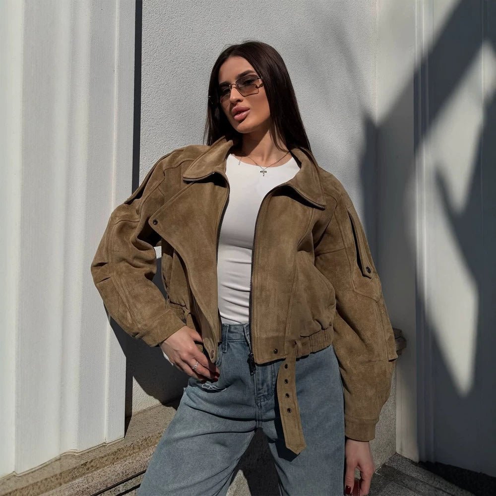 Ladies short-cut suede bomber jacket with belt & oversized sleeves Chichicherry - Chichicherry