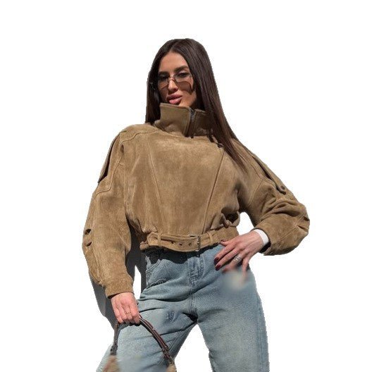 Ladies short-cut suede bomber jacket with belt & oversized sleeves Chichicherry - Chichicherry