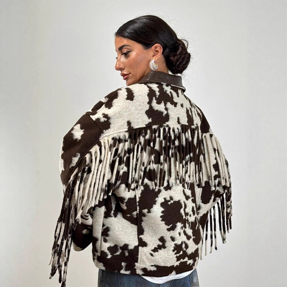 Ladies short jacket in cow print with fringes, faux fur look and leather collar Chichicherry - Chichicherry