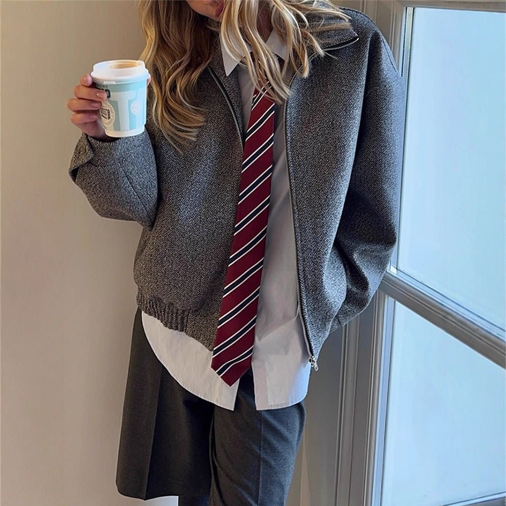 Ladies short jacket in herringbone wool blend with zip and elastic hem Chichicherry - Chichicherry