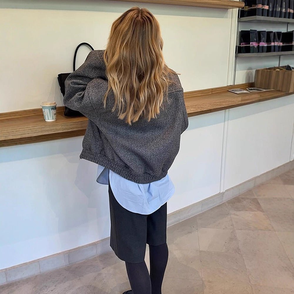 Ladies short jacket in herringbone wool blend with zip and elastic hem Chichicherry - Chichicherry