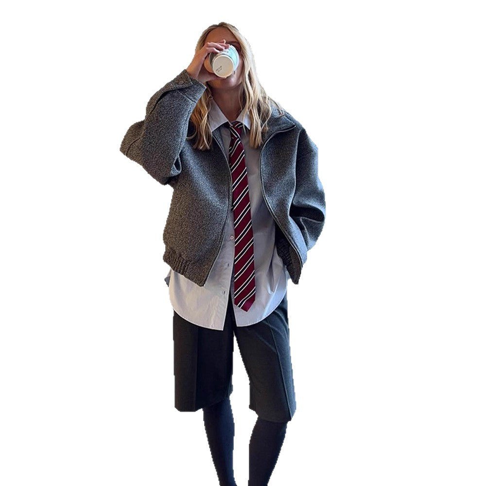 Ladies short jacket in herringbone wool blend with zip and elastic hem Chichicherry - Chichicherry