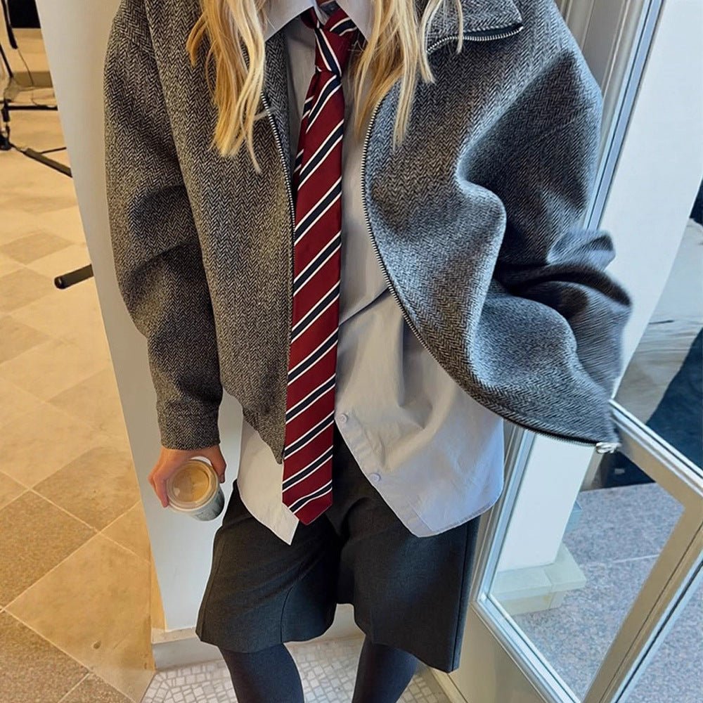 Ladies short jacket in herringbone wool blend with zip and elastic hem Chichicherry - Chichicherry