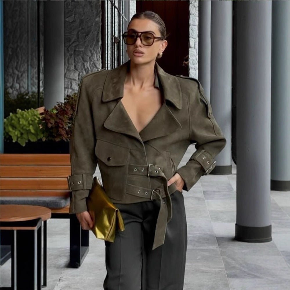 Ladies short jacket made of suede look with waist belt, buckles & oversized collar Chichicherry - Chichicherry