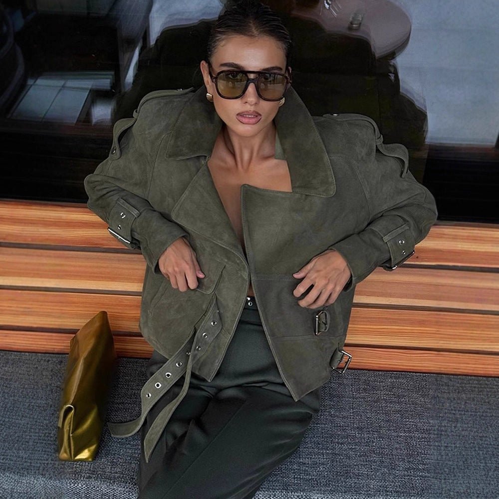 Ladies short jacket made of suede look with waist belt, buckles & oversized collar Chichicherry - Chichicherry